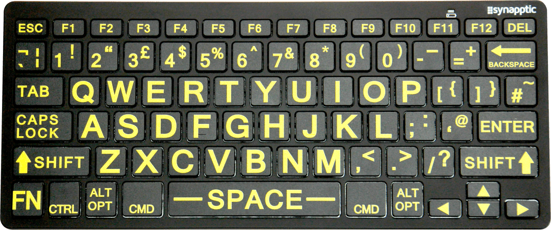 Synapptic Keyboard, with yellow lettering on a black background