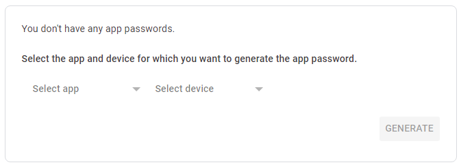 Image of the screen used for creating app passwords