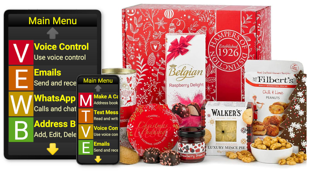 Image of a Synapptic phone, tablet and the Christmas hamper
