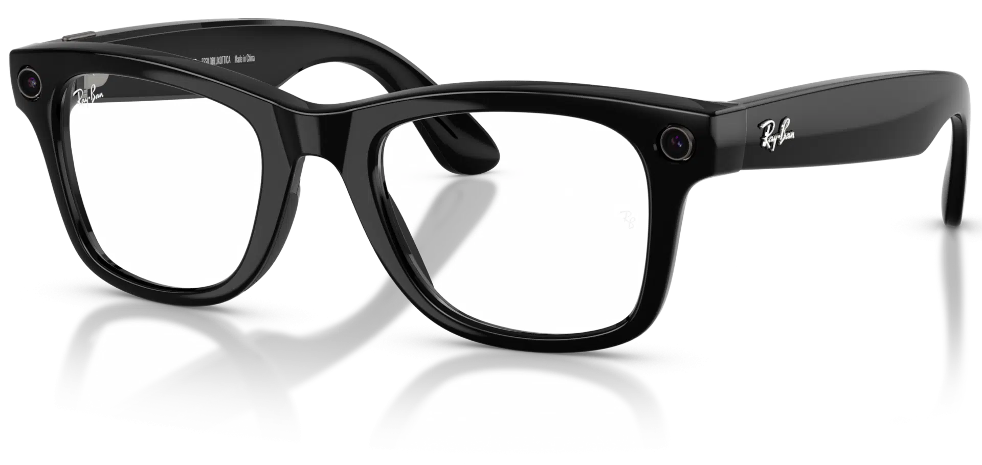 Ray-Ban Meta Smart Glasses with a black Wayfarer frame and clear lenses