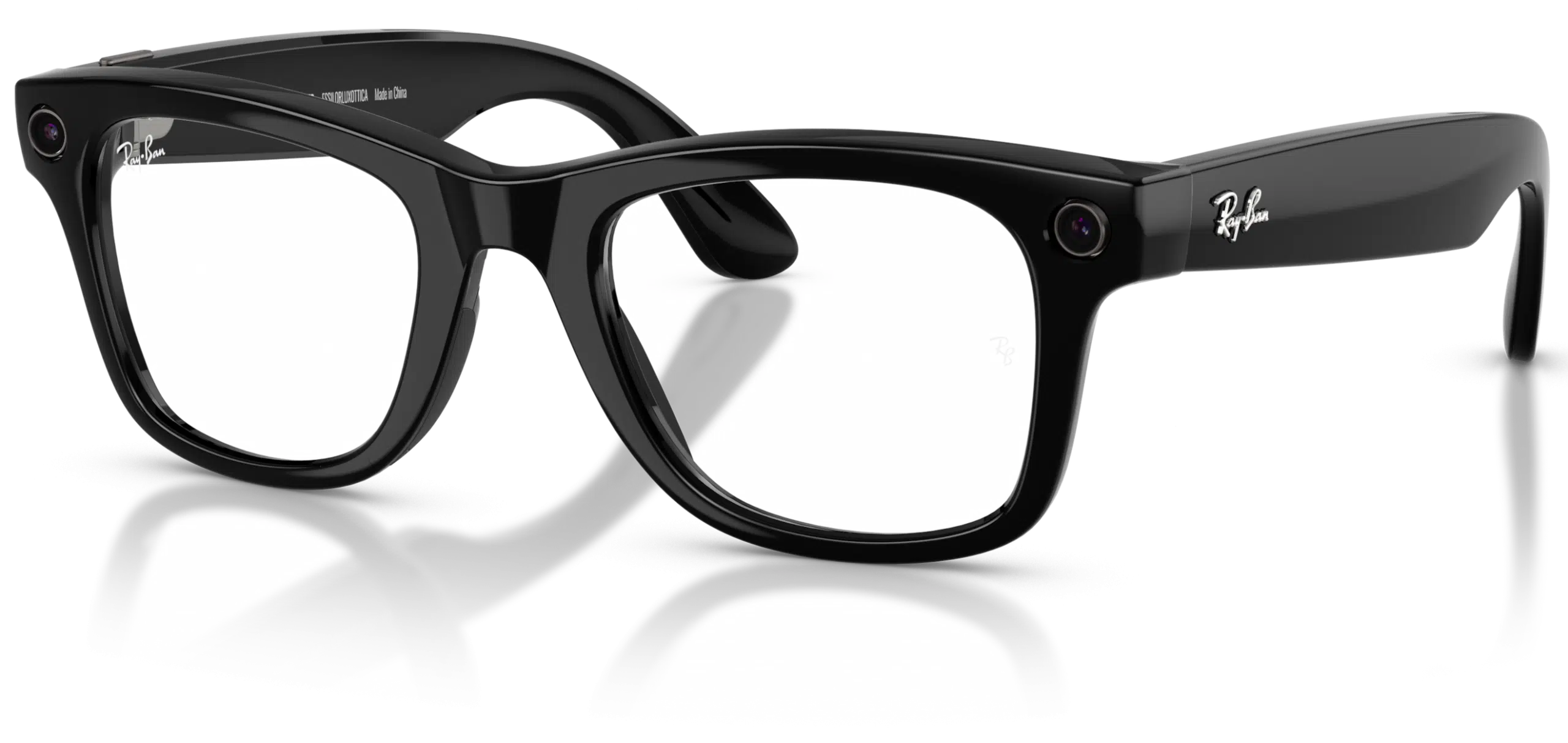 Ray-Ban Meta Smart Glasses with a black Wayfarer frame and clear lenses