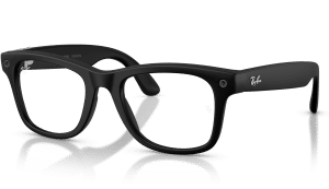 Image of Ray-Ban Meta Wayfarer Gen 3 601SSB glasses with matte black frames and clear blue-violet light filter lenses, three-quarter view