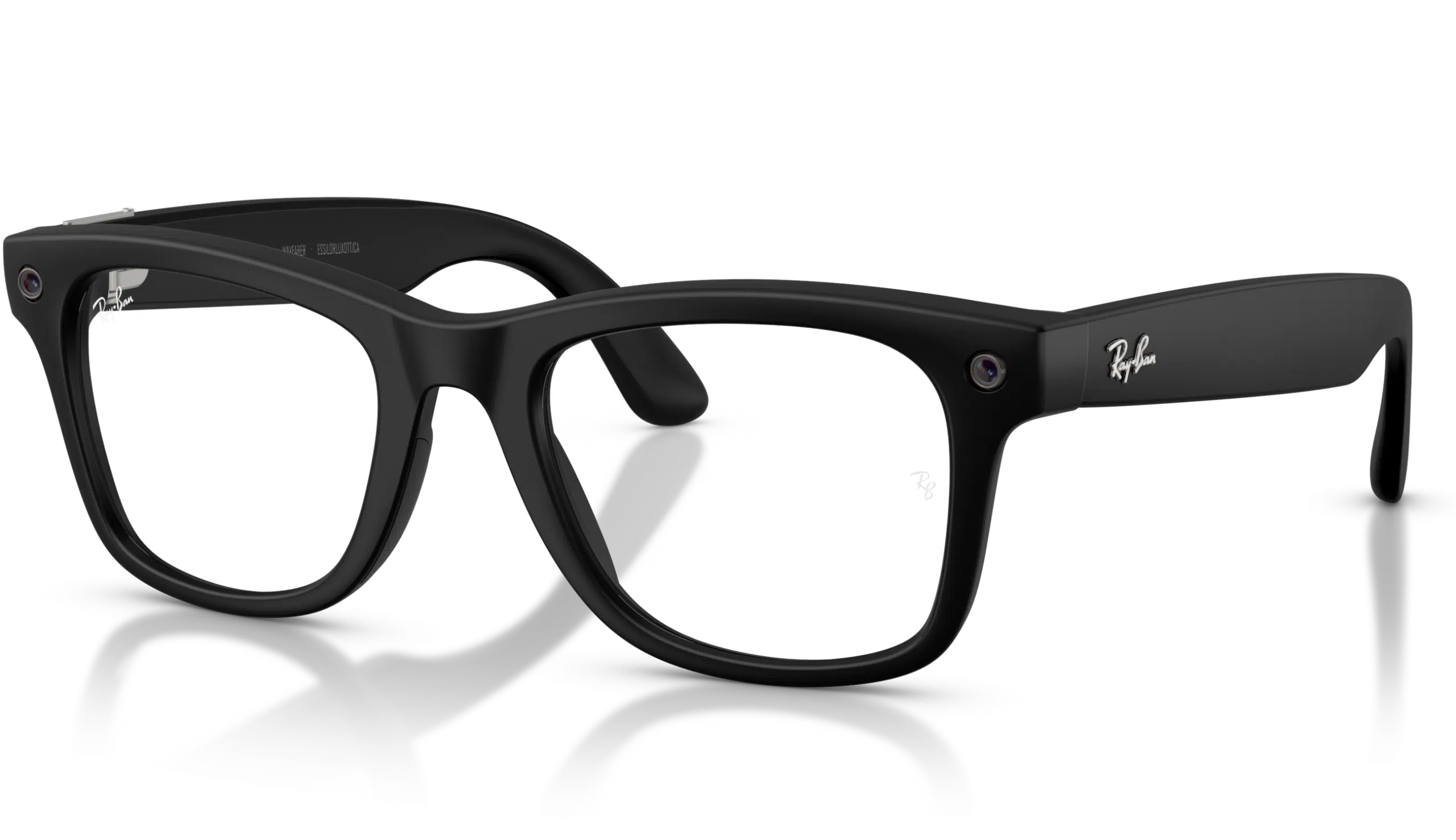Image of Ray-Ban Meta Wayfarer Gen 3 601SSB glasses with matte black frames and clear blue-violet light filter lenses, three-quarter view